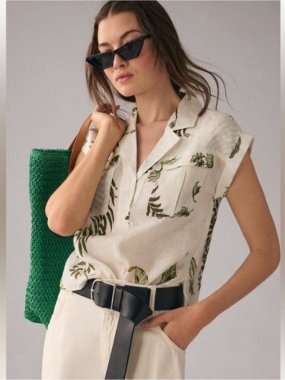 Anthropologie Floral Motif Boxy Crop Linen Utility Shirt Size M EUC